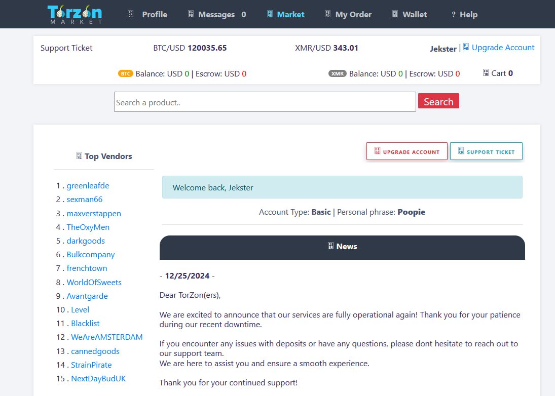 Torzon Market dashboard interface screenshot